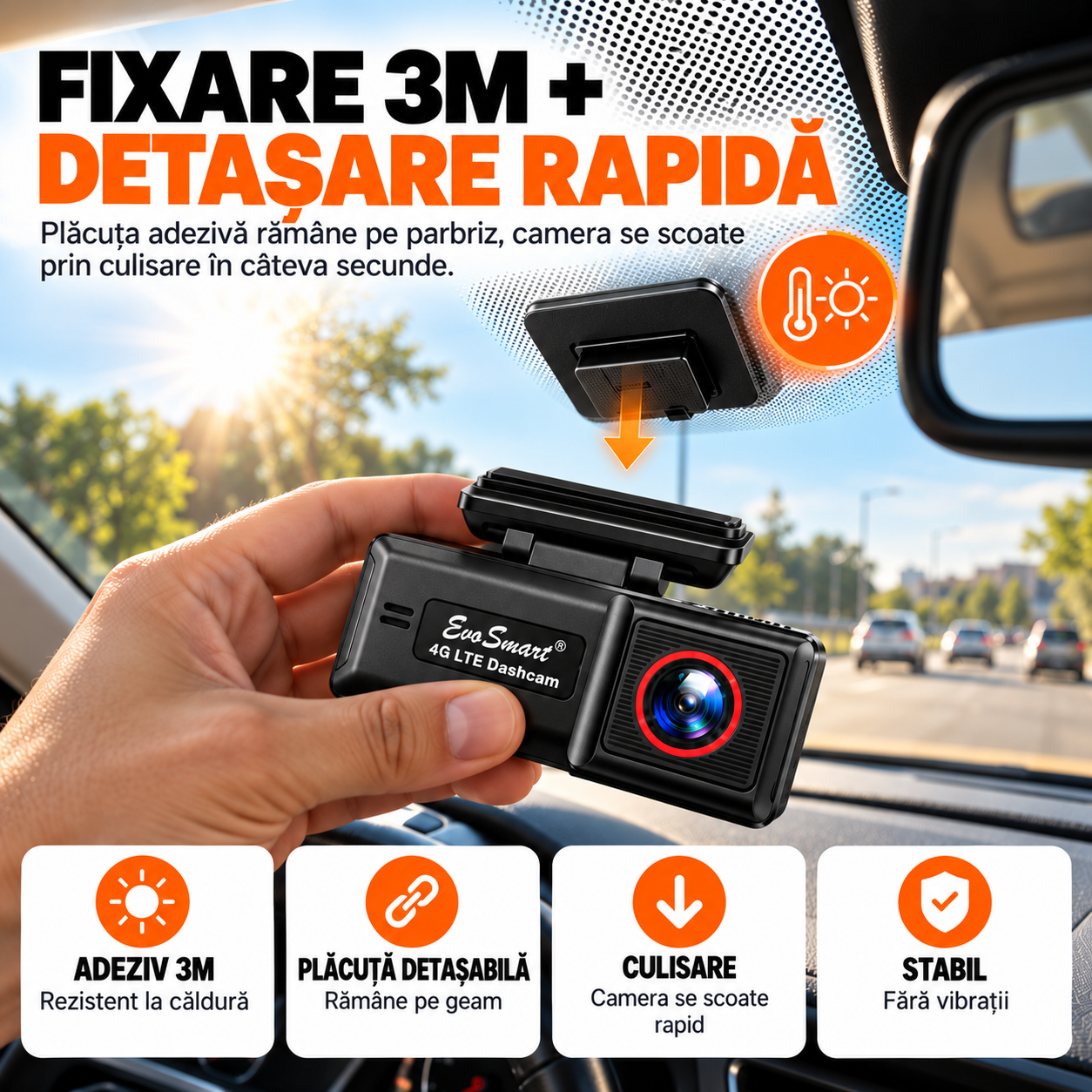 Cameră auto EvoSmart U426 – Fixare 3M + detașare rapidă