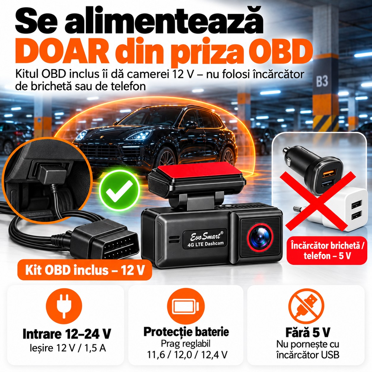 Cameră auto EvoSmart U426 – Se alimentează doar din priza OBD (12 V)
