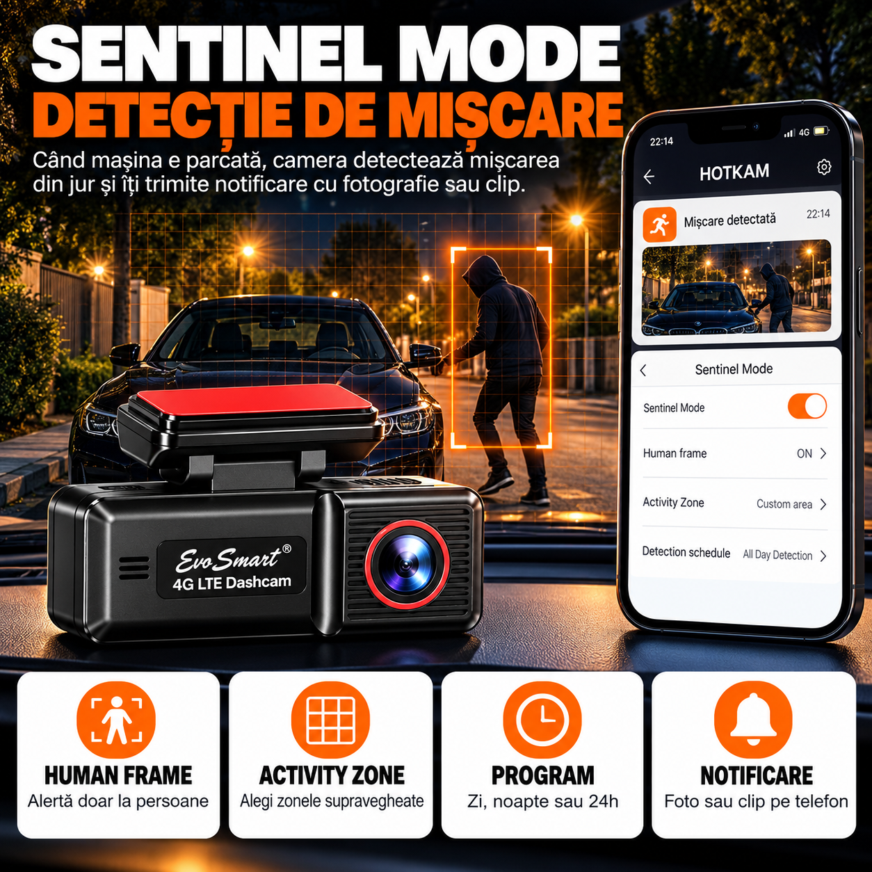 Cameră auto EvoSmart U426 – Sentinel Mode – detecție de mișcare la parcare