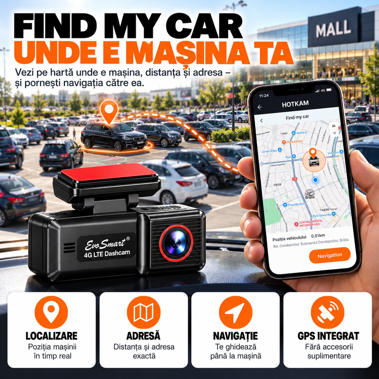 Cameră auto EvoSmart U426 – Find my car – unde e mașina ta