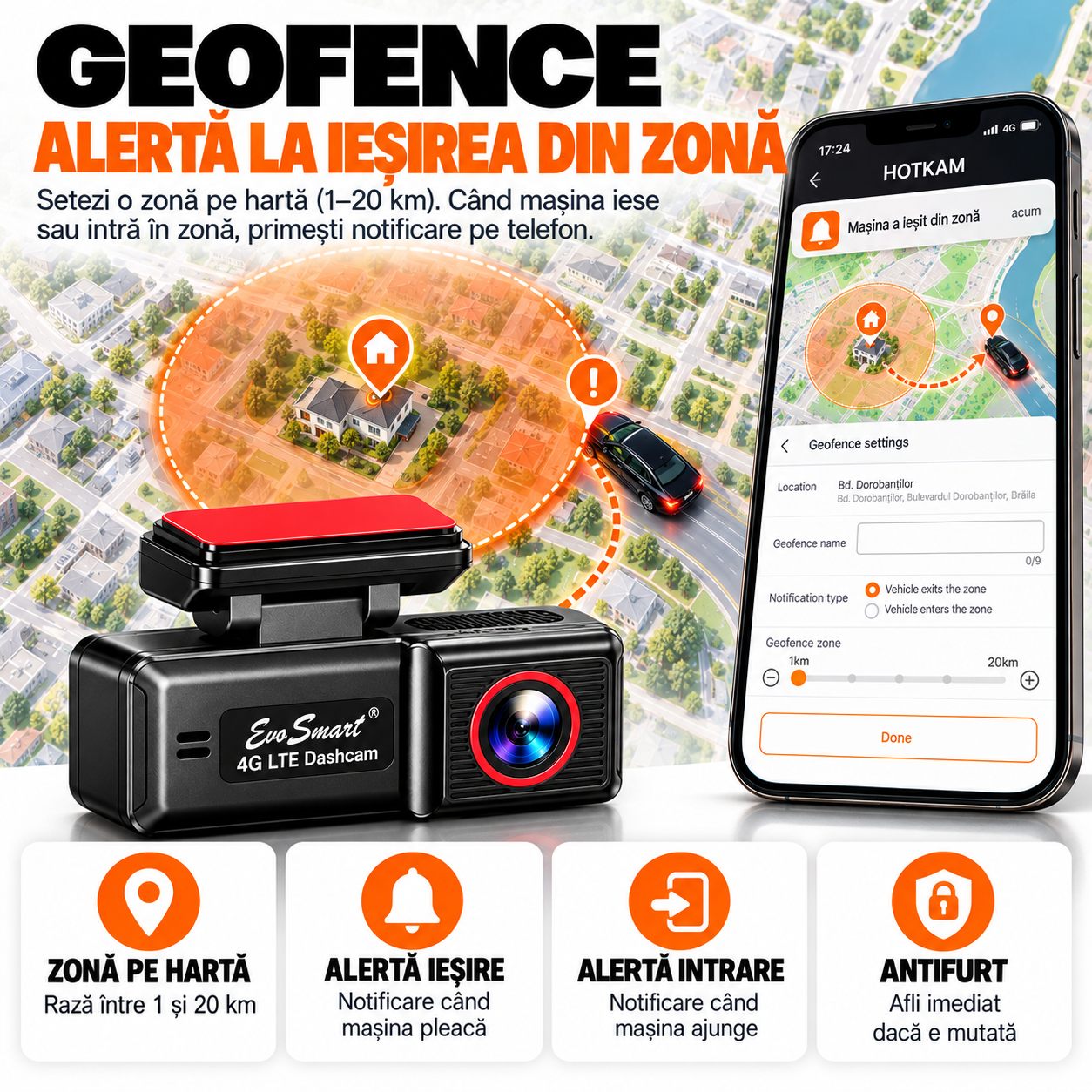 Cameră auto EvoSmart U426 – Geofence – alertă la ieșirea din zonă
