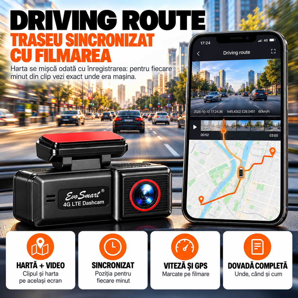 Cameră auto EvoSmart U426 – Driving route – traseu sincronizat cu filmarea