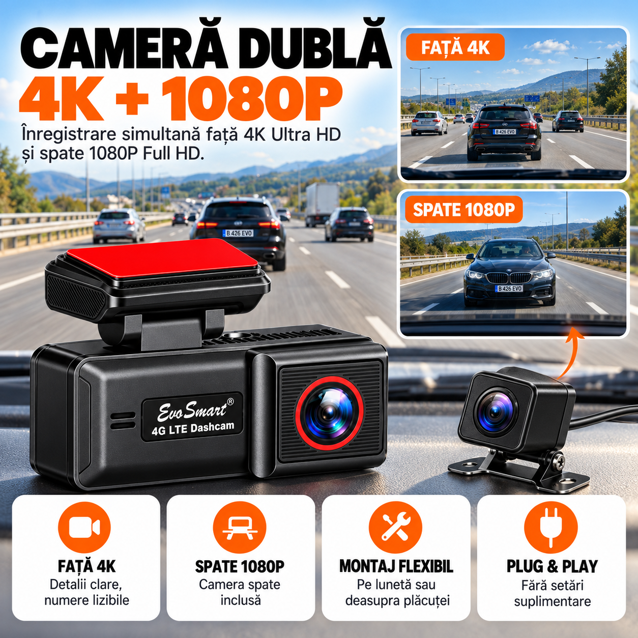 Cameră auto EvoSmart U426 – Cameră dublă 4K + 1080P