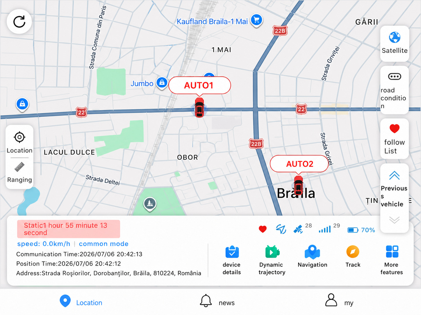Aplicația GPS tracker EvoSmart P7: două mașini localizate pe hartă în timp real