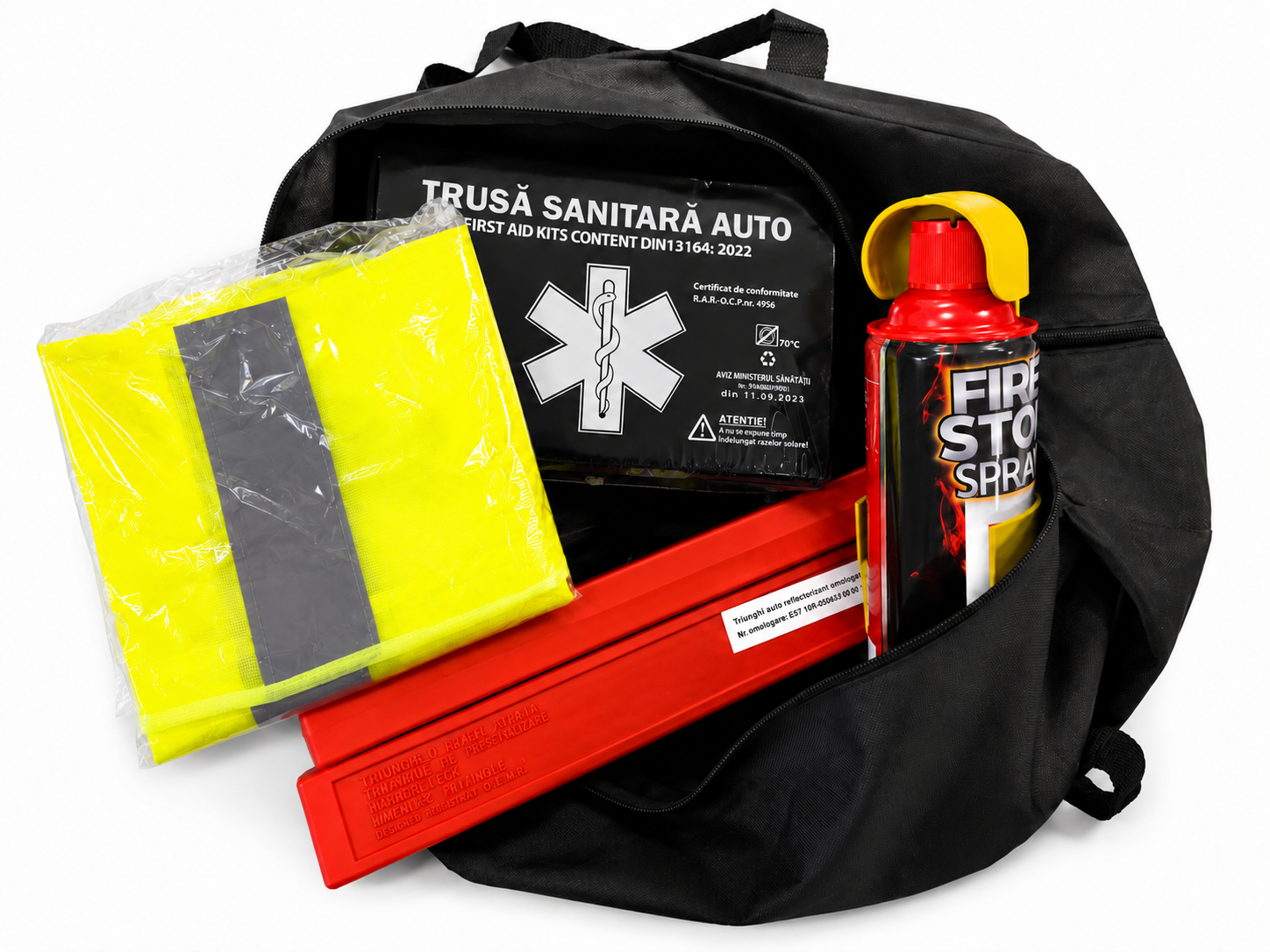 Kit siguranță auto EvoSmart: trusă sanitară omologată R.A.R., triunghiuri, spray stingător, vestă reflectorizantă, brățară ID